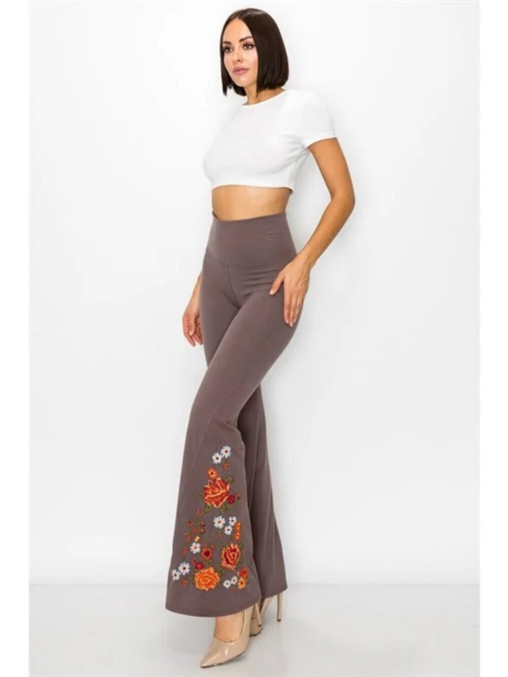 T Party Flare Leg Embroidered Foldover Waist Pants In Brown Size M